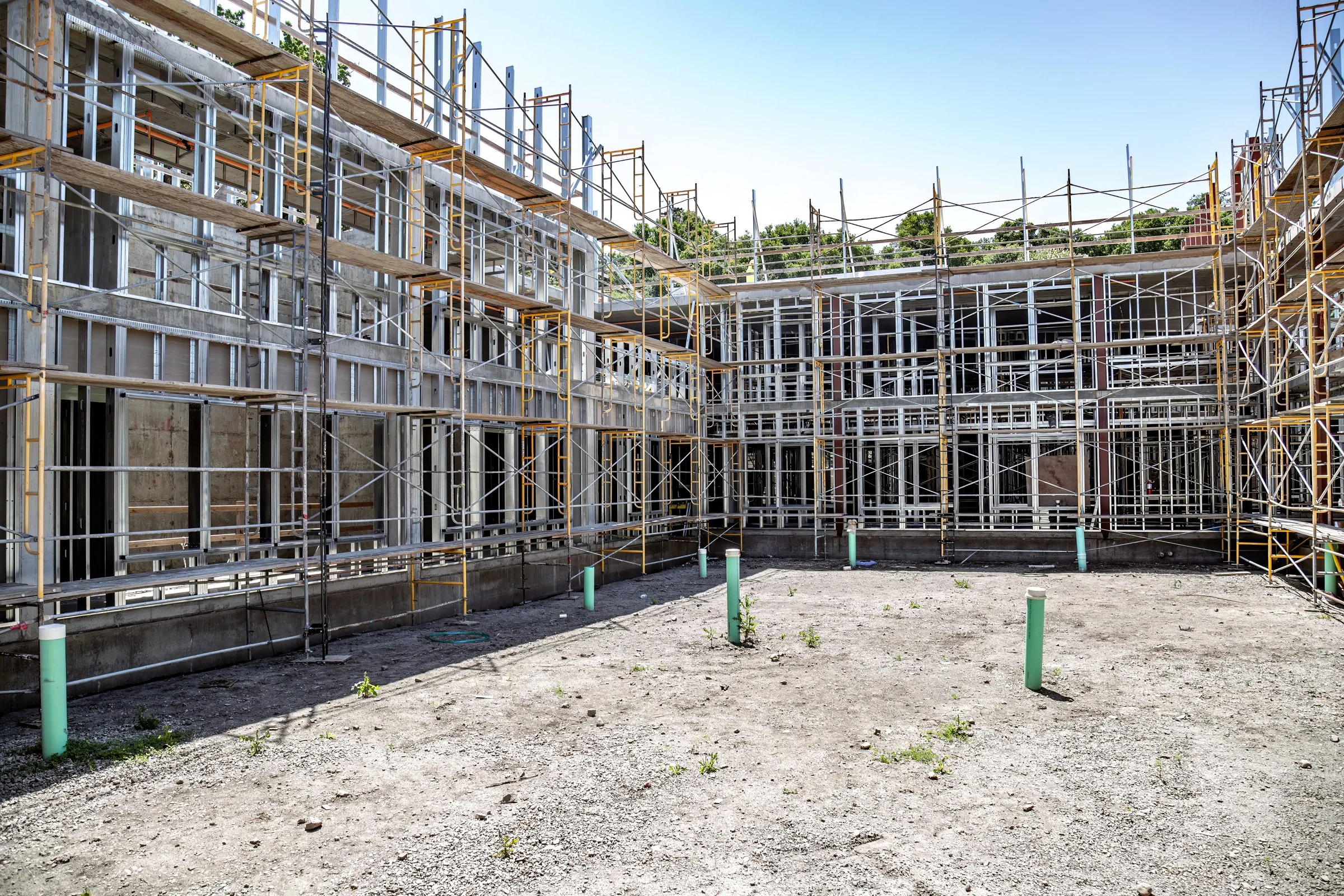 Framing across the courtyard